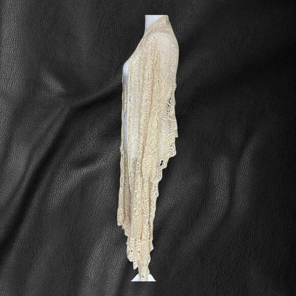 Cami Boho Crochet Cardigan Cream High Low Open Front Lace Knit Festival Duster M - Picture 2 of 6
